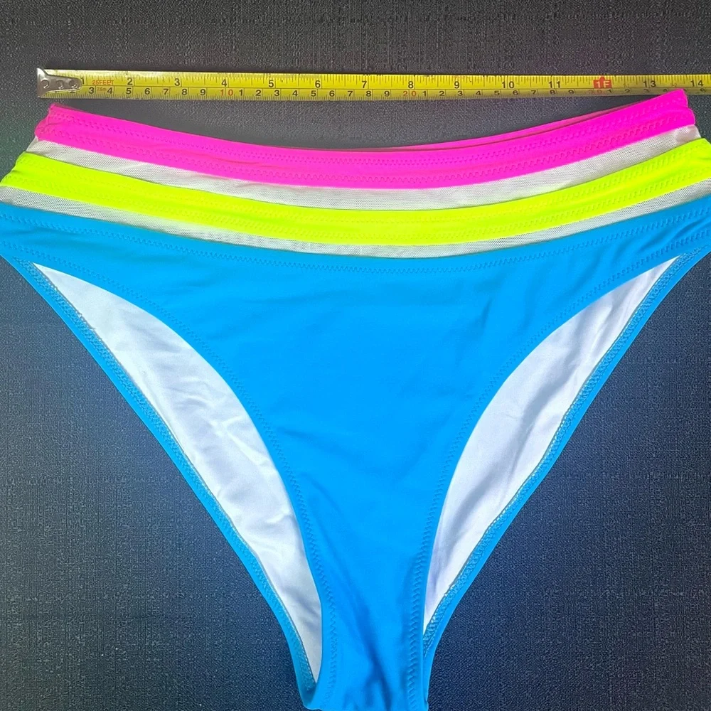 POPVIL Swim Bikini Bottom High Leg Waist Neon Turquoise Pink Yellow Med NEW NWT